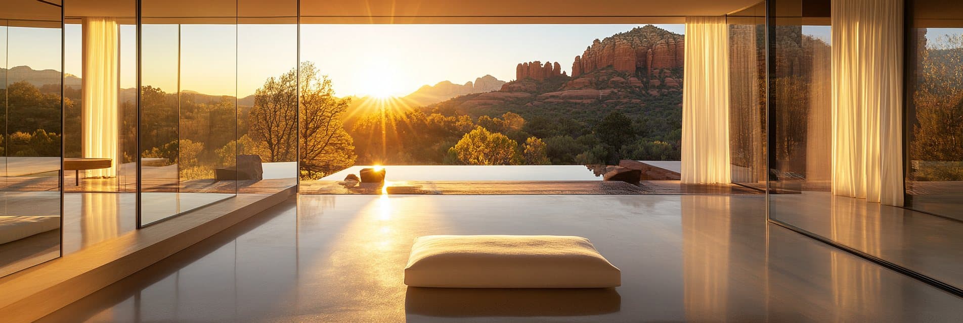 A long room opening onto the red rocks of Sedona at sunset