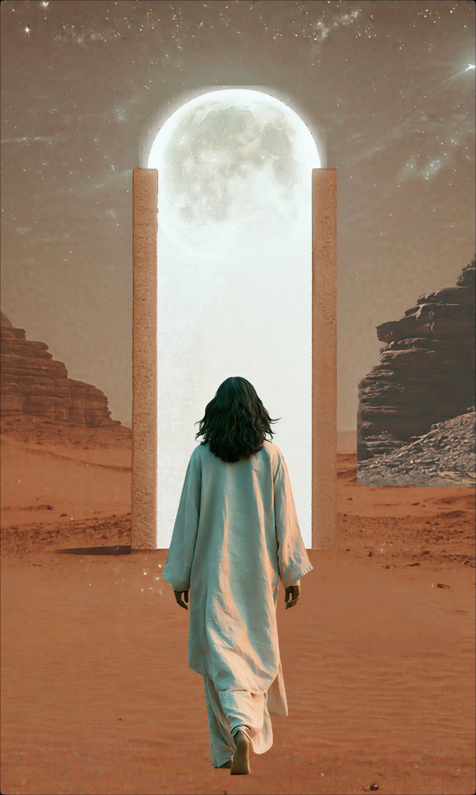 A woman walking toward a doorway of light in the desert