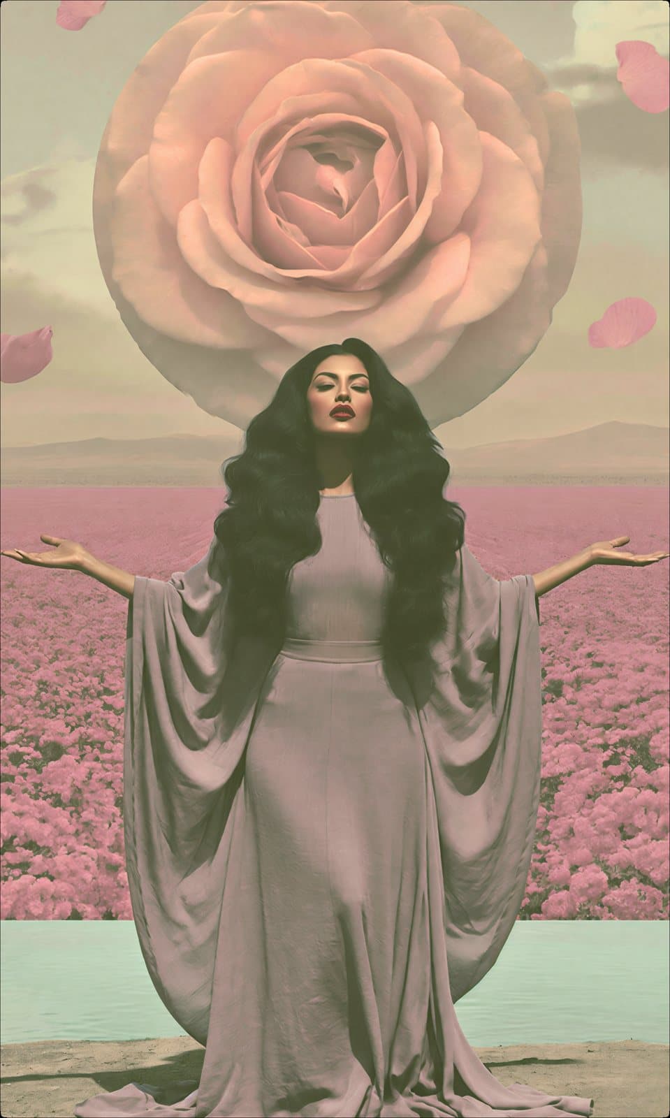 A woman in grey with open arms in a field of pink flowers