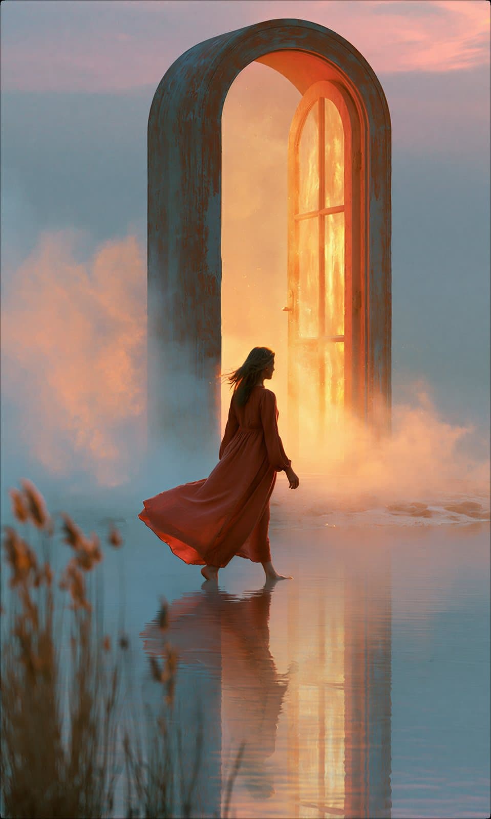 A woman in red beneath a golden arch at the water’s edge