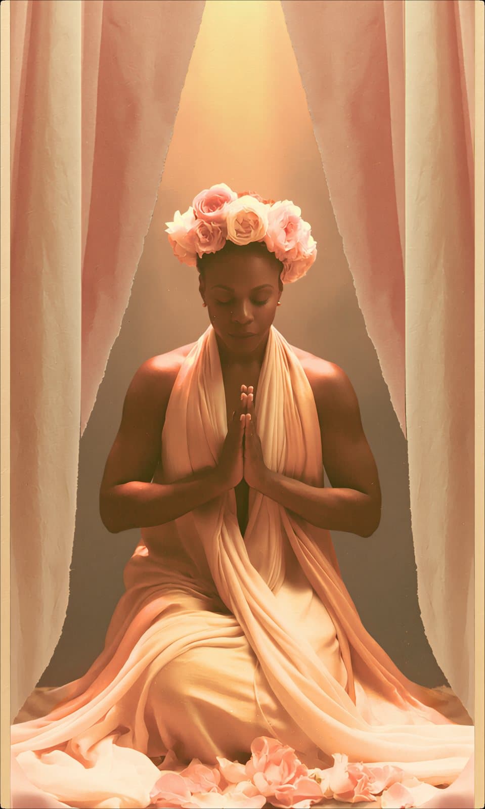 A woman crowned with roses, seated in prayer