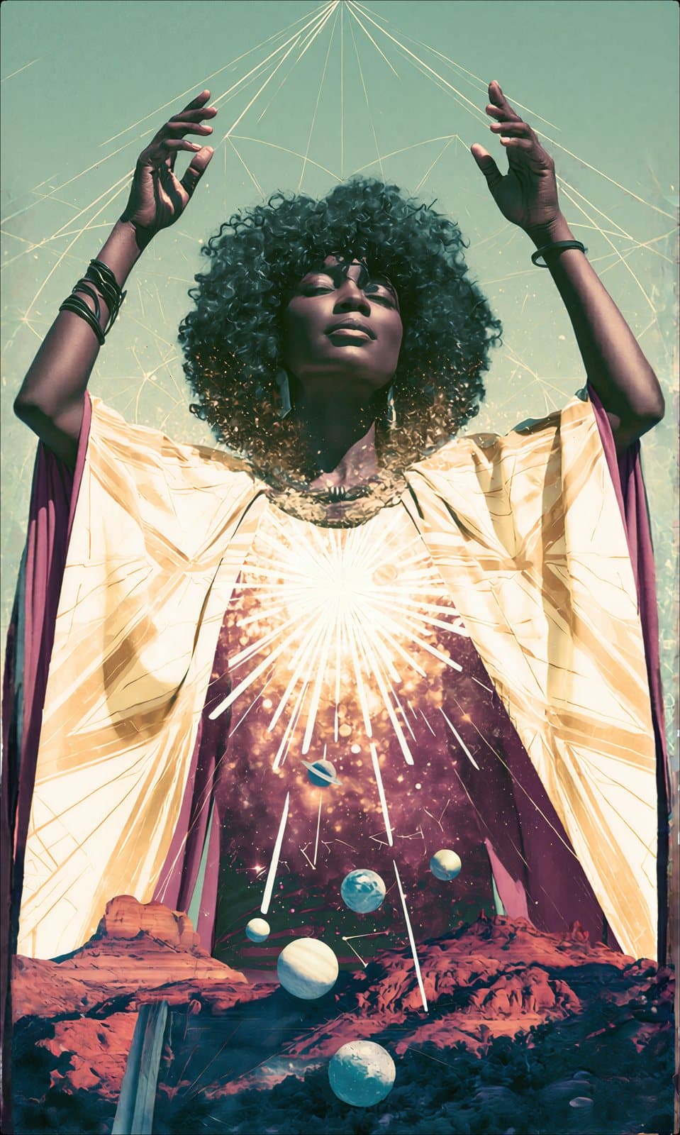 A woman in gold with arms raised, light pouring from her chest