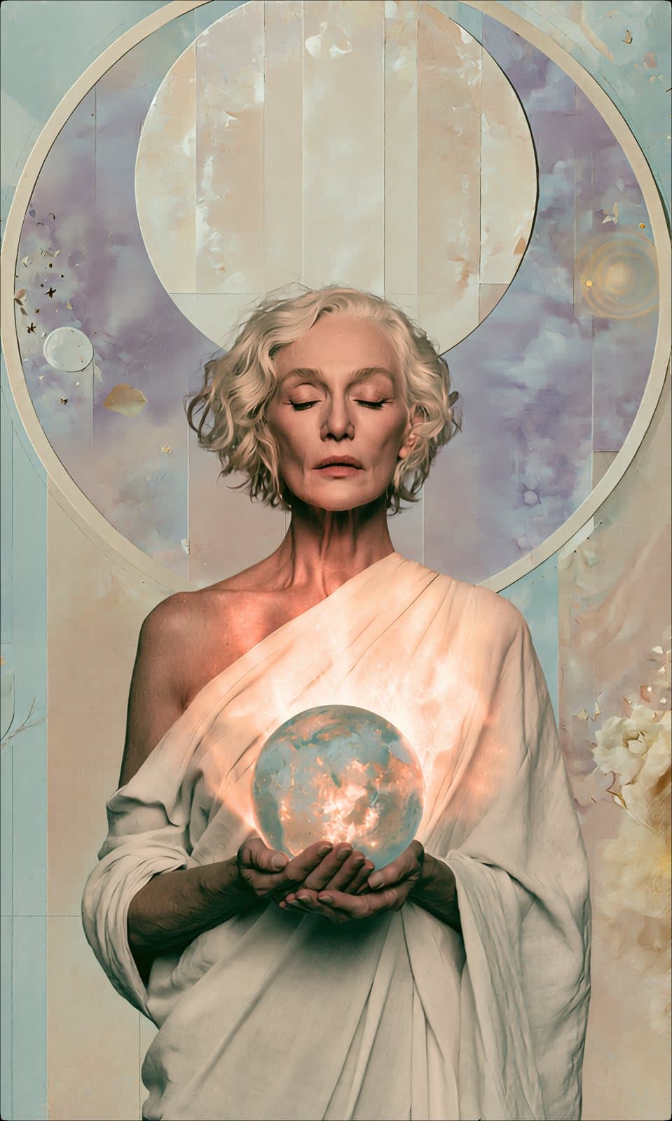 A silver haired woman in white holding a glowing sphere