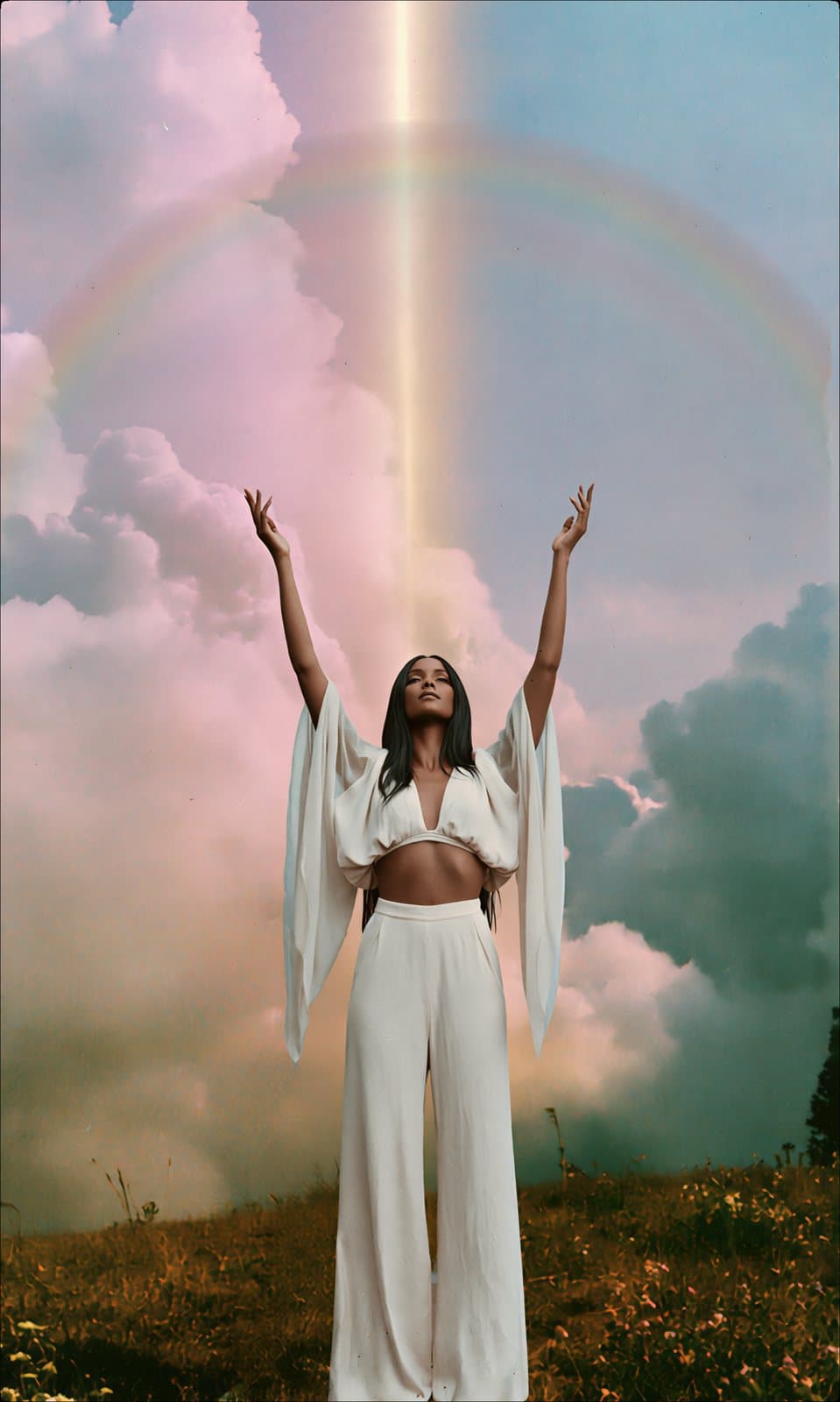A woman in white with arms raised beneath a full moon
