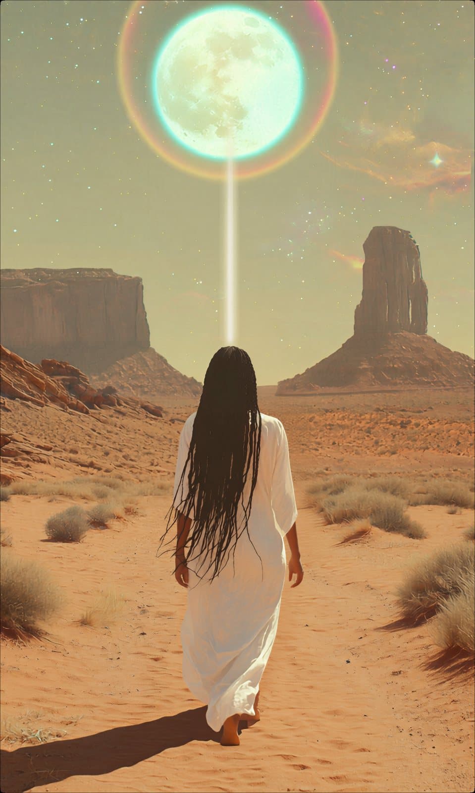 A woman walking through red rock country under a full moon