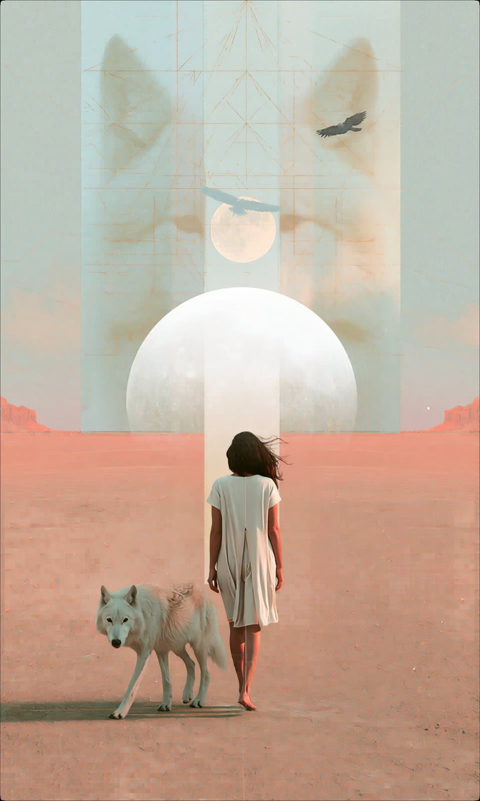 A woman and a white wolf in a pale desert