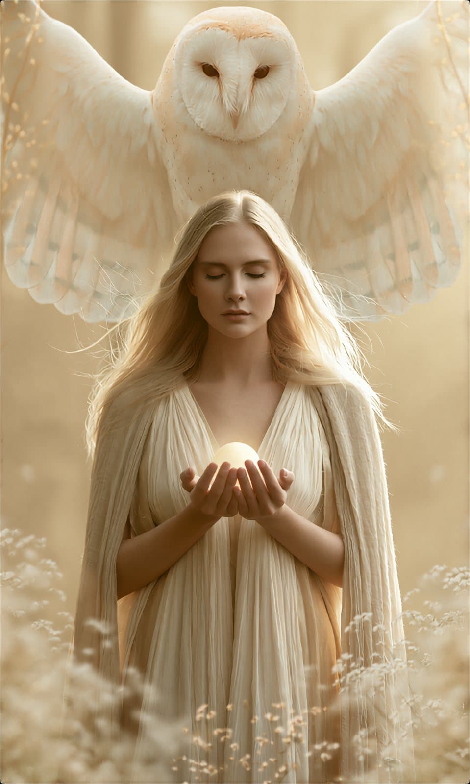 A barn owl, wings spread, above a woman holding light in her hands