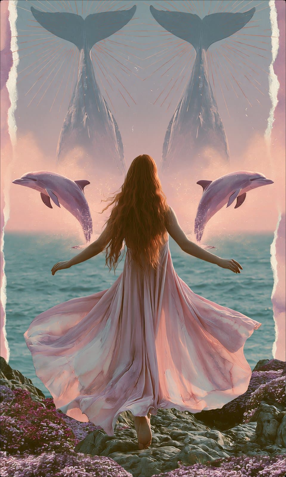 A woman with open arms and a whale’s tail rising behind her