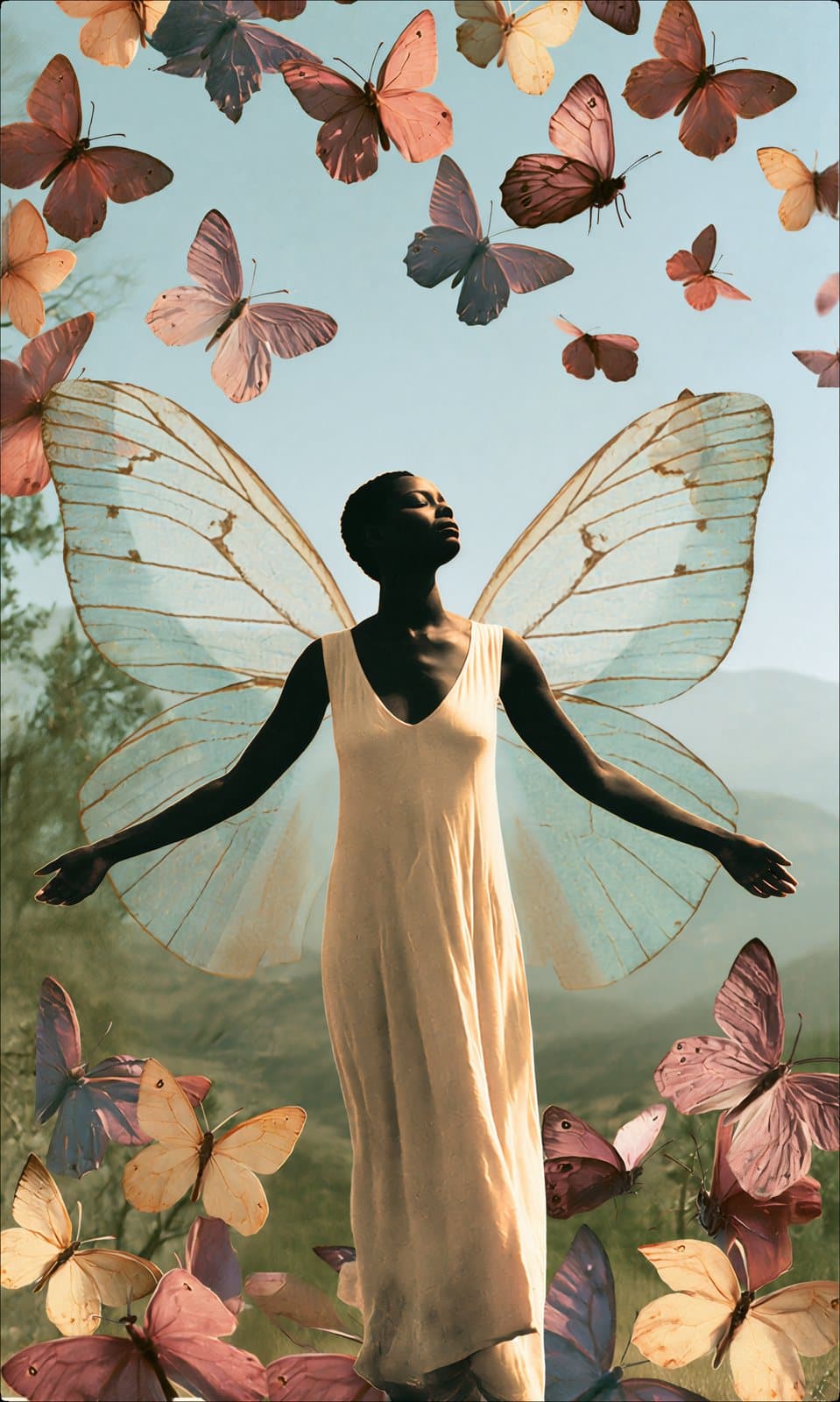 A woman with butterfly wings among butterflies