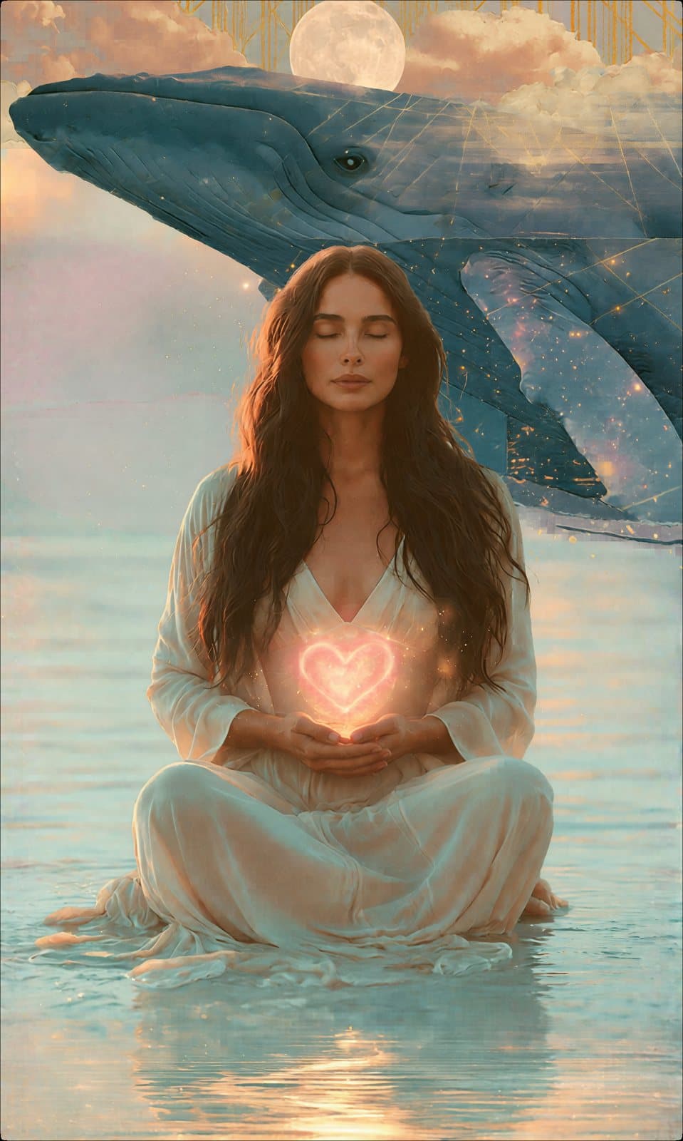 A woman seated in water at dusk with a light at her heart