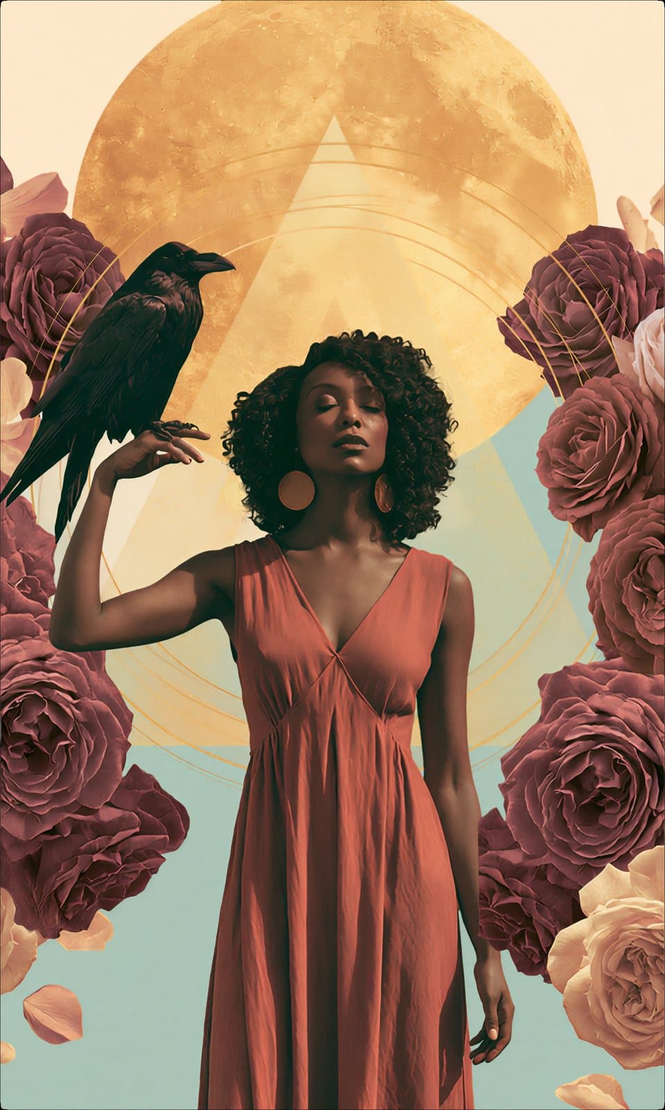 A woman in rust with a raven on her shoulder among roses