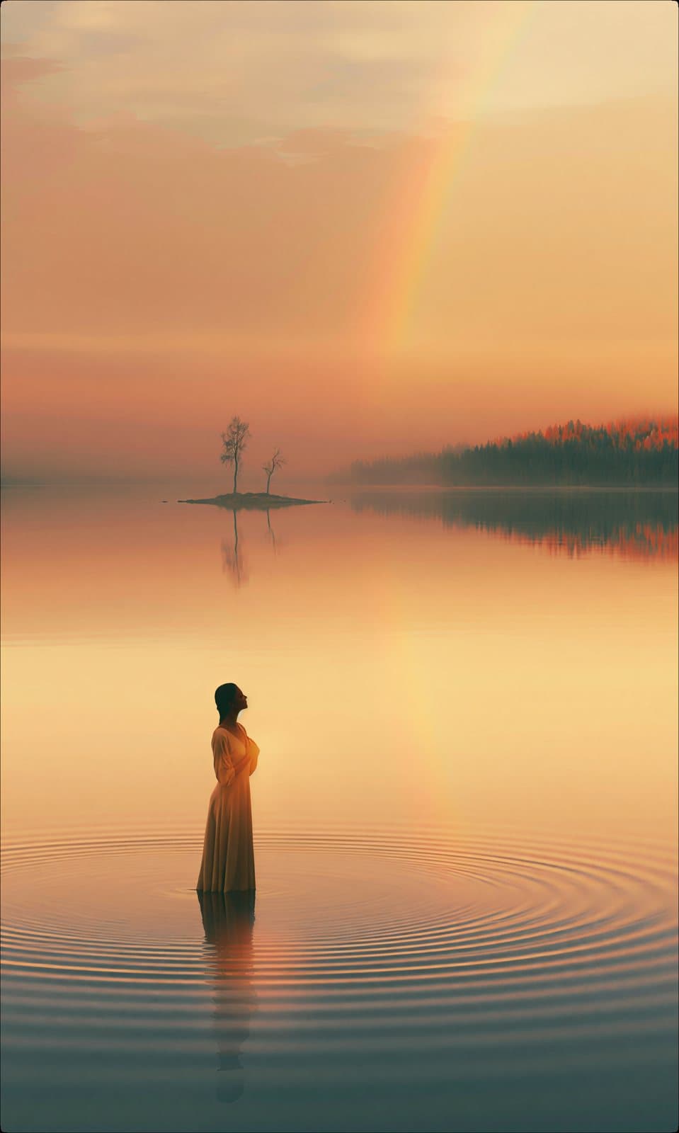 A woman standing in still water at sunrise